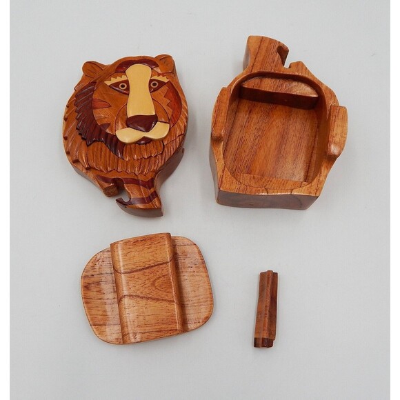 Tiger Carved Wood Puzzle Round Box Wooden Intarsia Keepsake Trinket Hidden - Picture 2 of 8